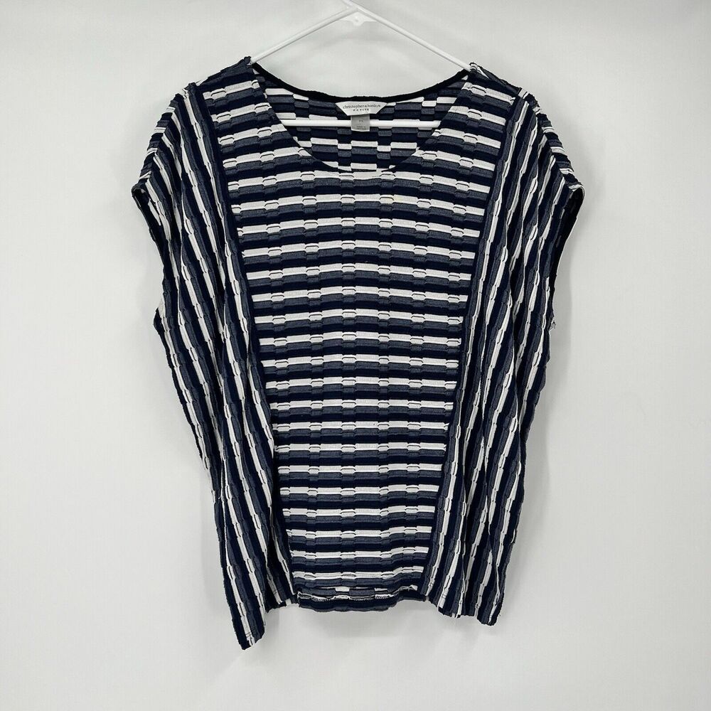 Christopher Banks Petite Large Blouse Stretch Stripes Blue White Casual Top